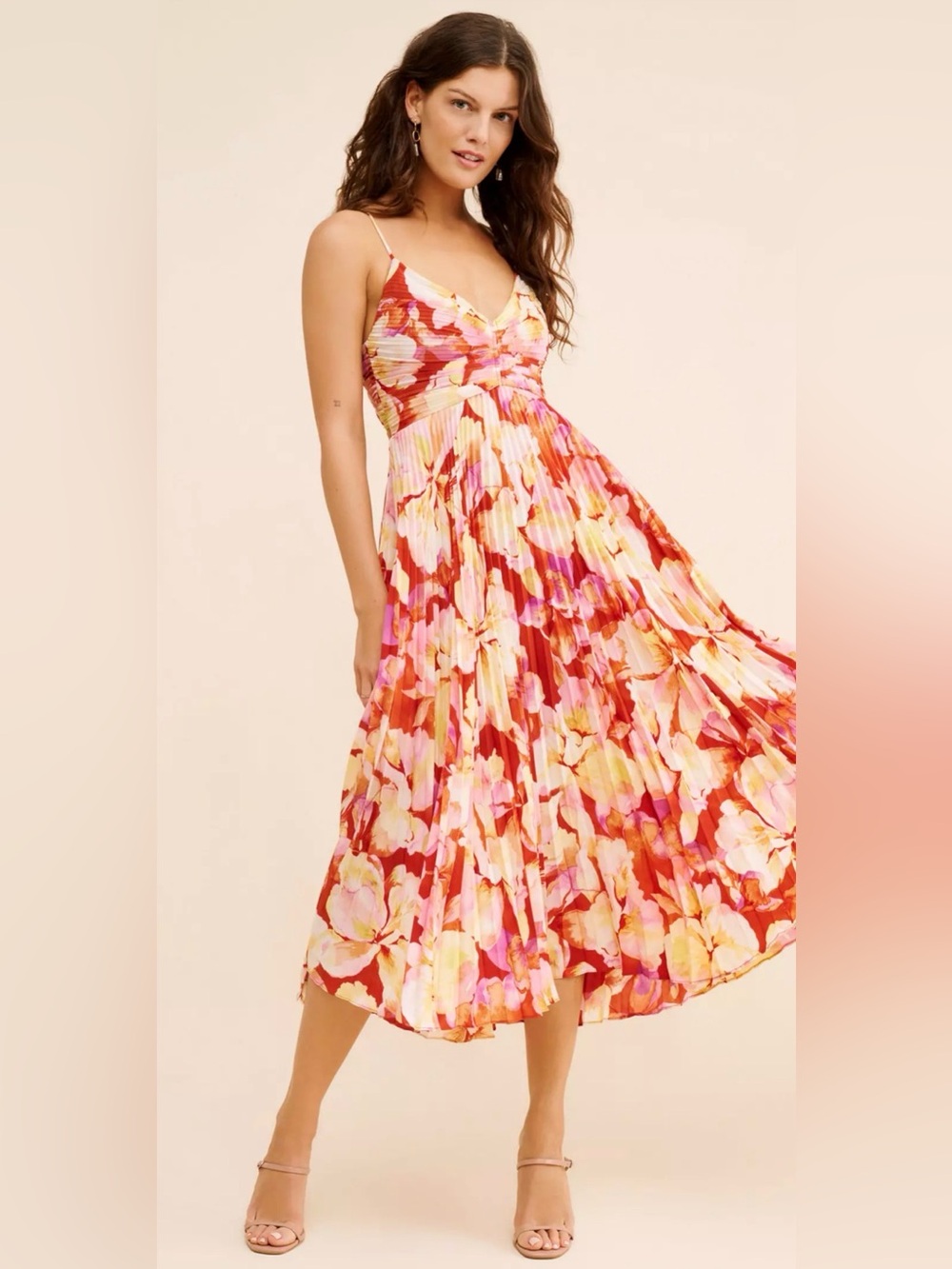 Astr - Blythe -  Floral Pleated Midi Dress in Red, Pink and Yellow